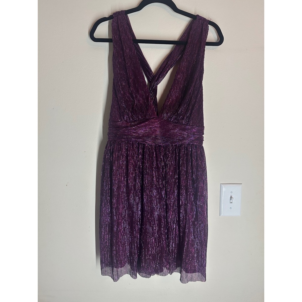 Lulus XL Purple Metallic Pleated Mini Dress NWT Deep V Party Cocktail Dress - Picture 2 of 7